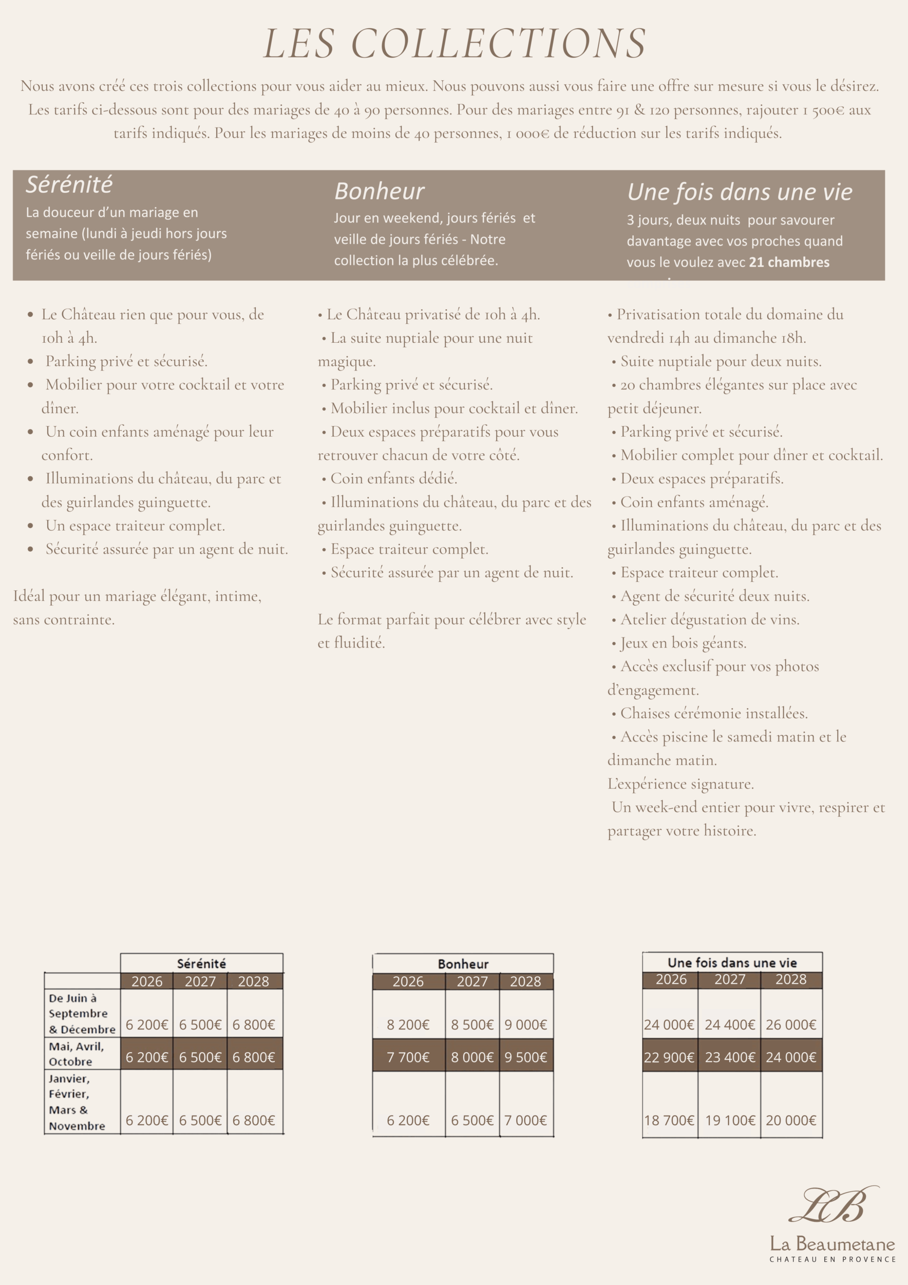 ### Nos collections 2026–2028 **Sérénité (en semaine)** – à partir de 6 200 € **Bonheur (week-end)** – à partir de 8 200 € **Une fois dans une vie (3 jours)** – à partir de 21 500 €
